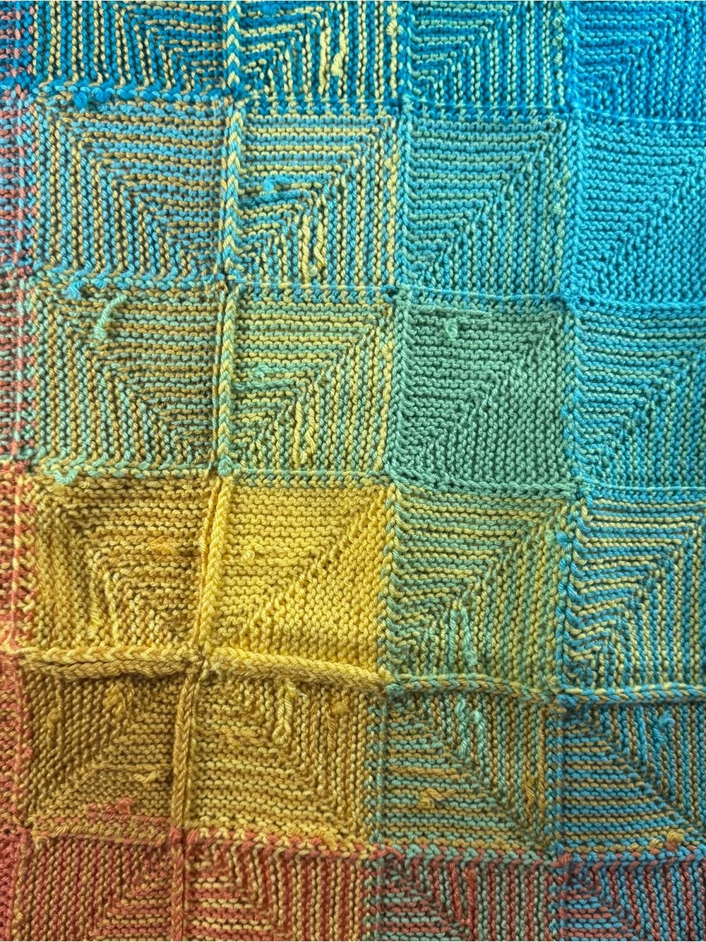 Hand Knit Rainbow Gradient Throw Blanket with Yellow Border